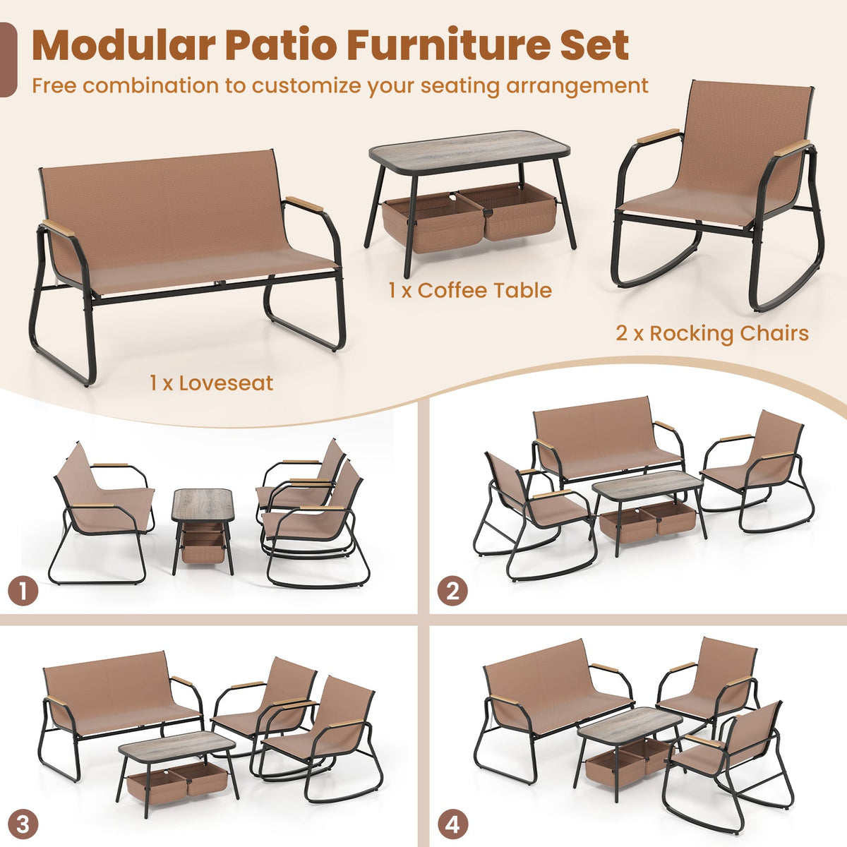 4 Pieces Patio Furniture Set with Rocking Bistro Chairs and Breathable Mesh Fabric
