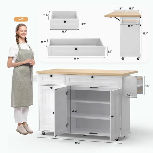 60" Mobile Kitchen Rolling Island, Towel Rack,