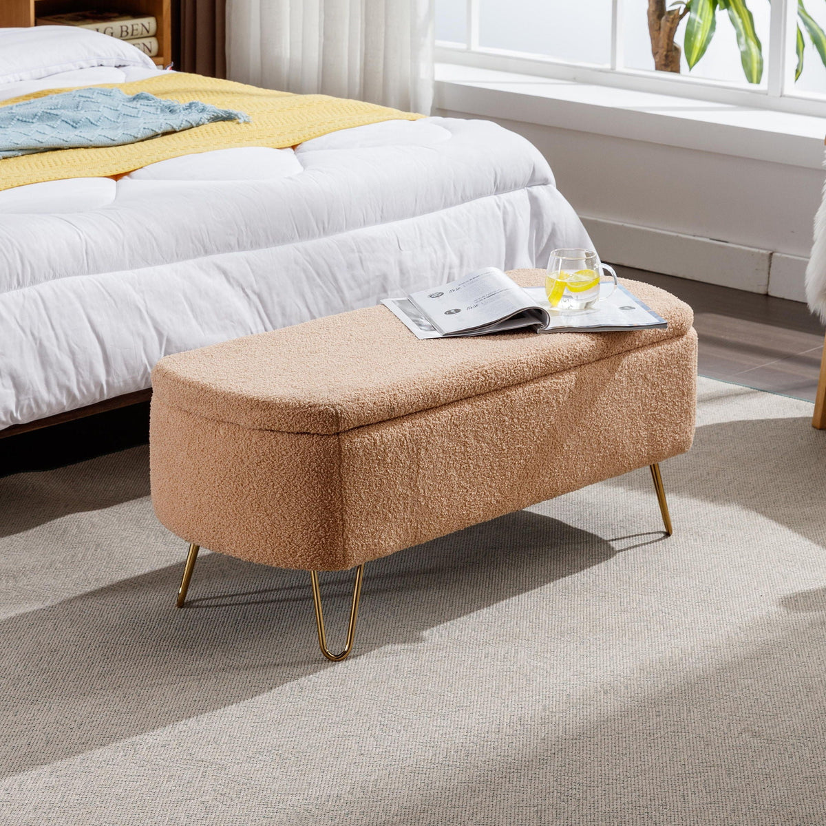 Storage Ottoman Bench For End Of Bed Legs, Modern Camel Faux Fur Entryway Bench Upholstered Padded With Storage For Living Room Bedroom