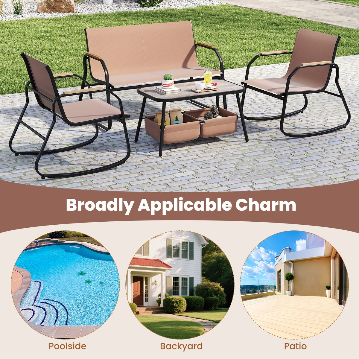 4 Pieces Patio Furniture Set with Rocking Bistro Chairs and Breathable Mesh Fabric