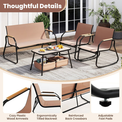 4 Pieces Patio Furniture Set with Rocking Bistro Chairs and Breathable Mesh Fabric