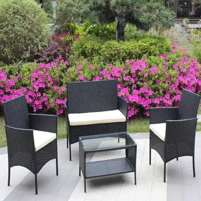 4 PC Rattan Patio Furniture Set Outdoor Cushioned Wicker Sofa