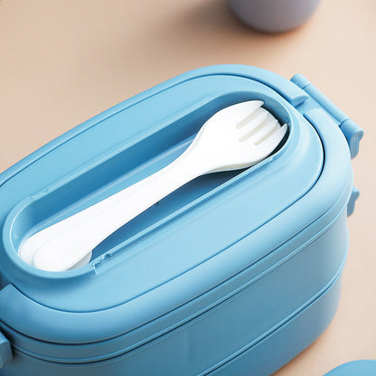 Japanese style simple portable microwaveable double layer partition lunch box bento box with cutlery