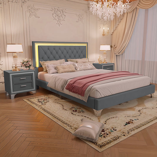3-Pieces Bedroom Set, Queen Size Upholstered Platform Bed with LED Lights and Two Nightstands - Gray