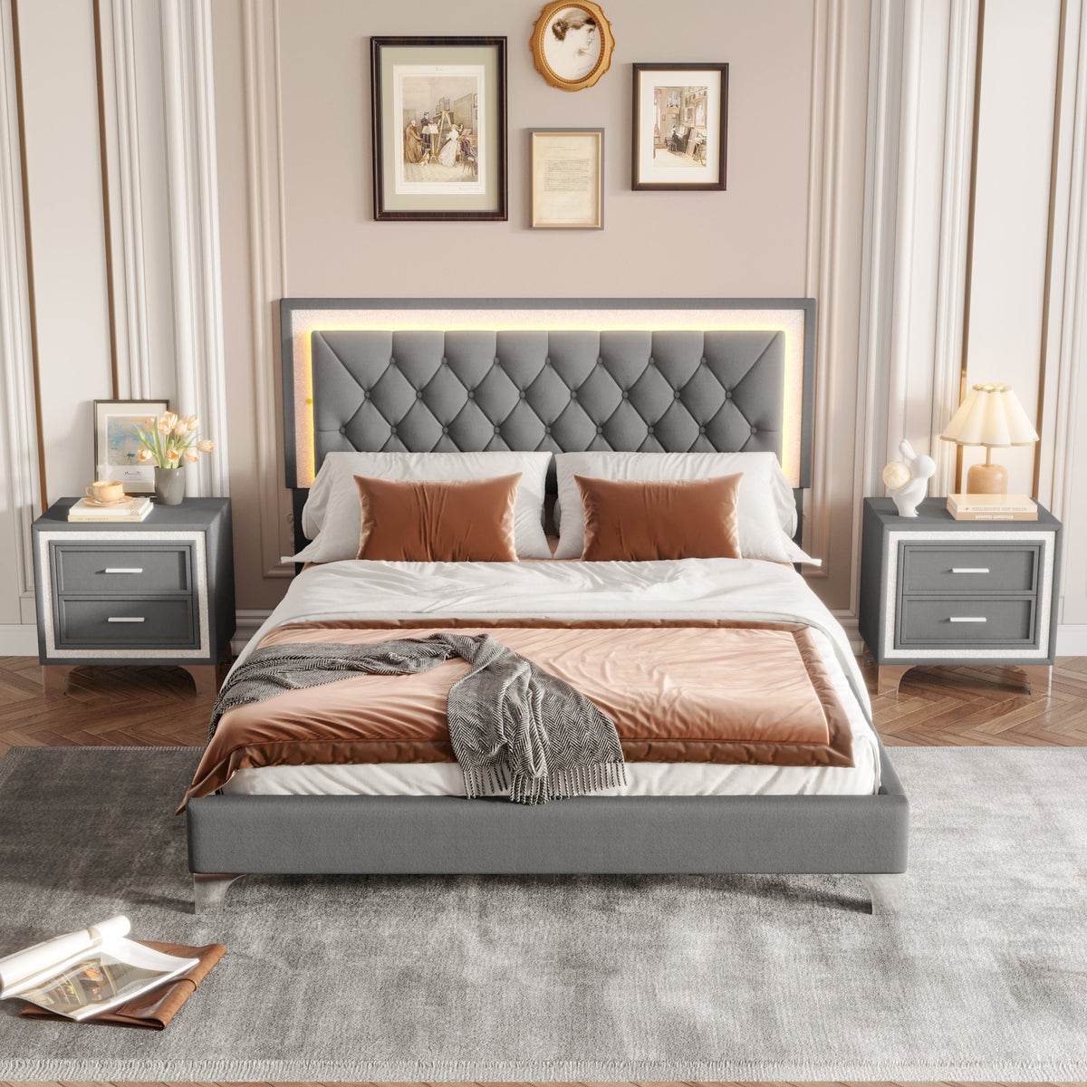 3-Pieces Bedroom Set, Queen Size Upholstered Platform Bed with LED Lights and Two Nightstands - Gray