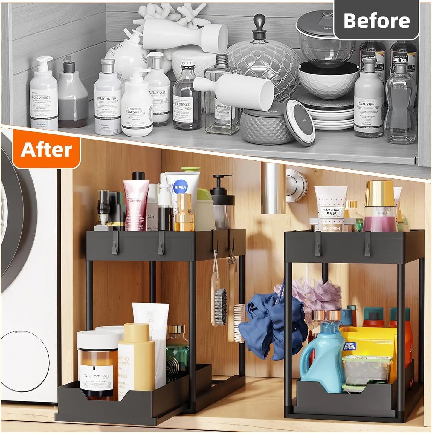 2 Tier Multi-Purpose Cabinet Organizer with Sliding Basket
