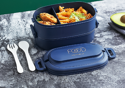 Japanese style simple portable microwaveable double layer partition lunch box bento box with cutlery