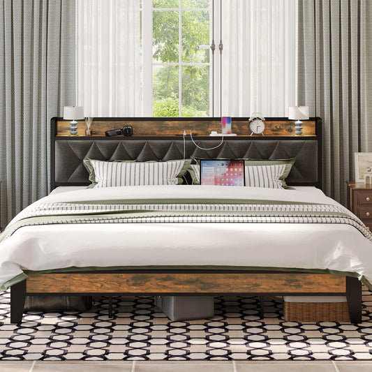 Bed Frames, Storage Headboard with Outlets,