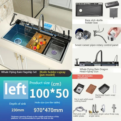 Stainless Steel Waterfall Kitchen Sink Digital Display Large Single Slot Dishwashing Sinks Overseas Warehouse Shipping
