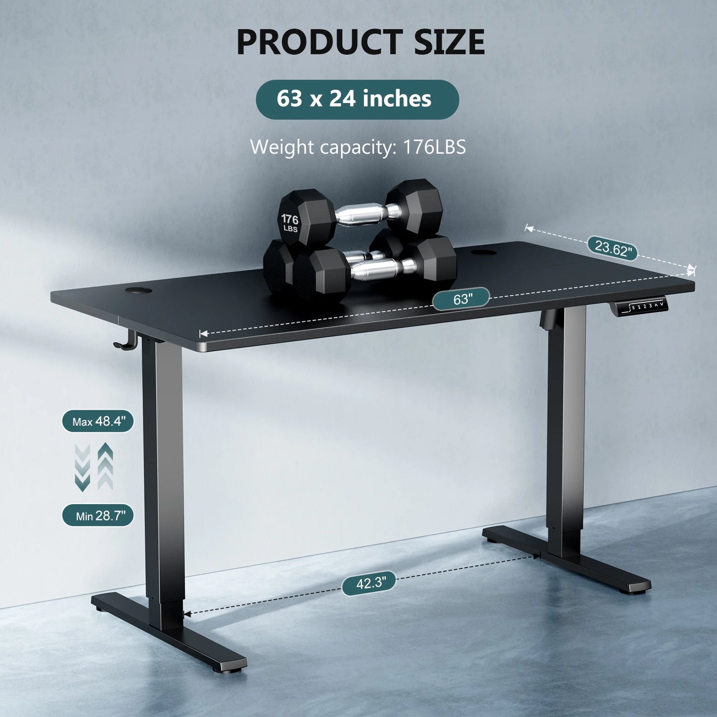 63x24 Inch Electric Standing Desk For Office.  Height Adjustable.