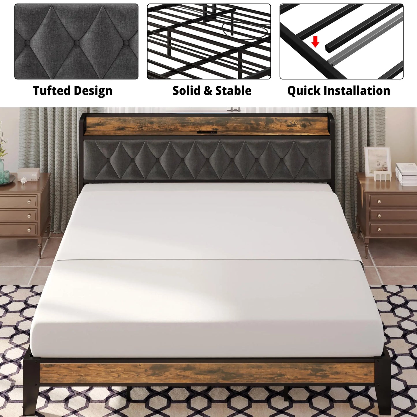 Bed Frames, Storage Headboard with Outlets,