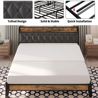 Bed Frames, Storage Headboard with Outlets,
