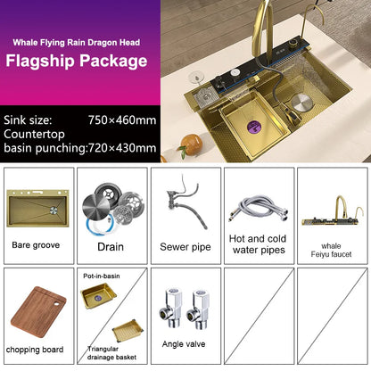 Stainless Steel Waterfall Kitchen Sink Digital Display Large Single Slot Dishwashing Sinks Overseas Warehouse Shipping
