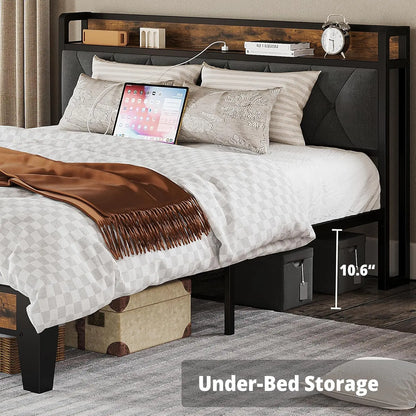 Bed Frames, Storage Headboard with Outlets,