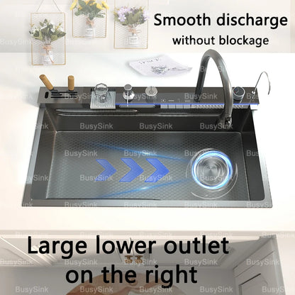 Stainless Steel Waterfall Kitchen Sink Digital Display Large Single Slot Dishwashing Sinks Overseas Warehouse Shipping