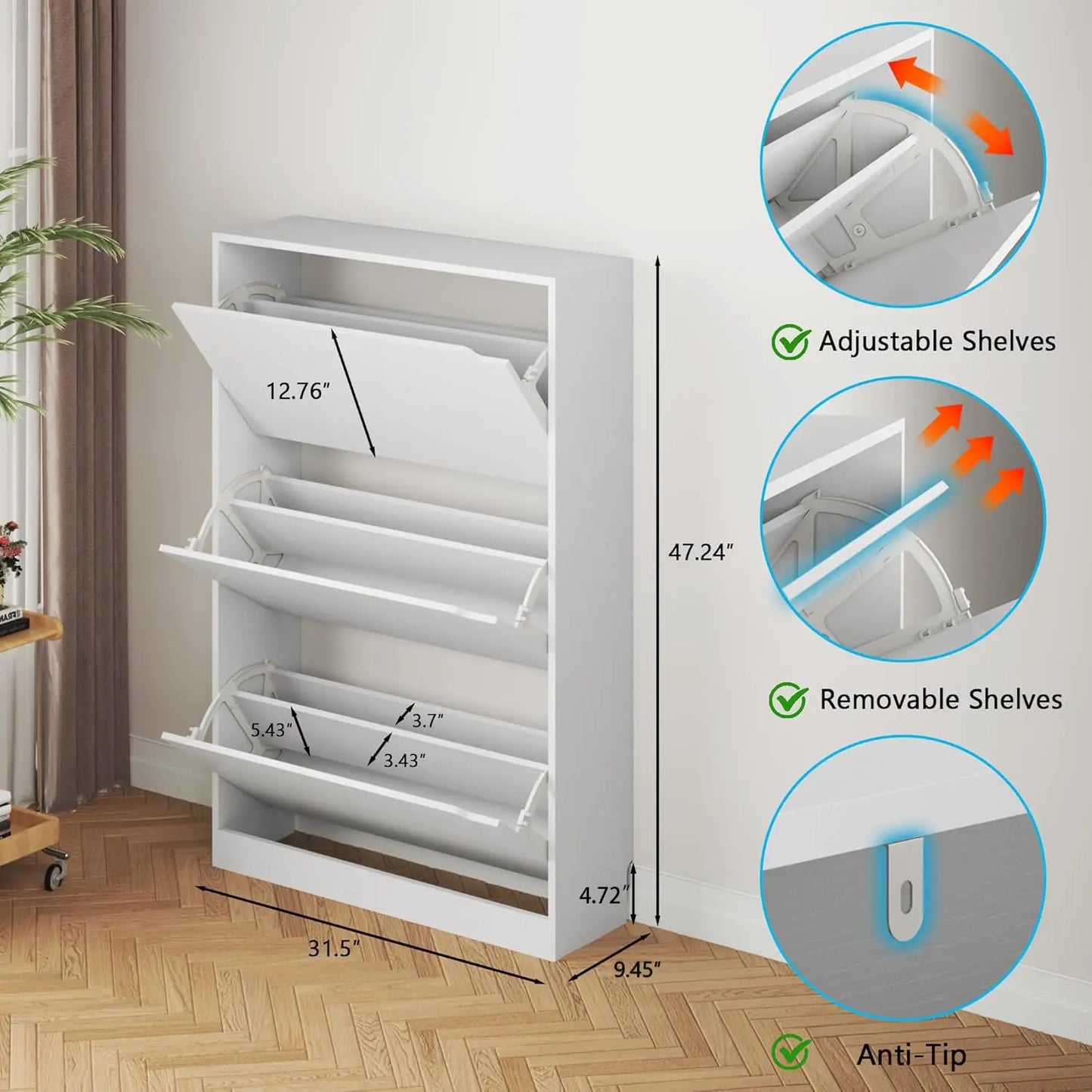 Shoe Cabinet with 3 Flip Drawers,