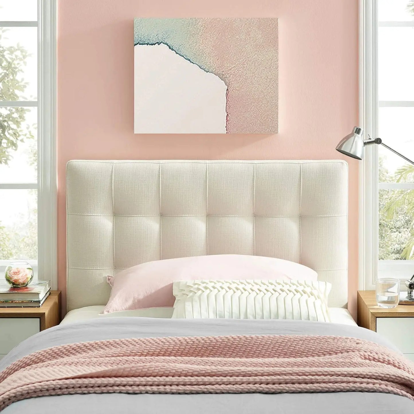 Linen Fabric Tufted Twin Headboard in Ivory, Adjustable Height for Bedroom Decor