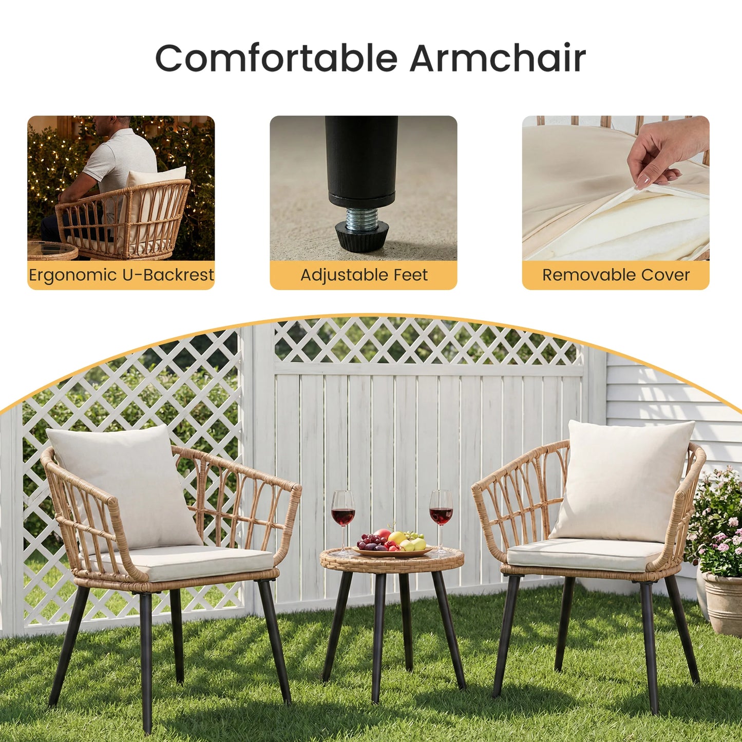 3 Pieces Wicker Patio Outdoor Set, Glass Steel Frame Table