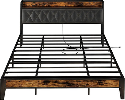 Bed Frames, Storage Headboard with Outlets,