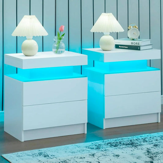 Set of 2 LED Nightstand with 2 Drawers
