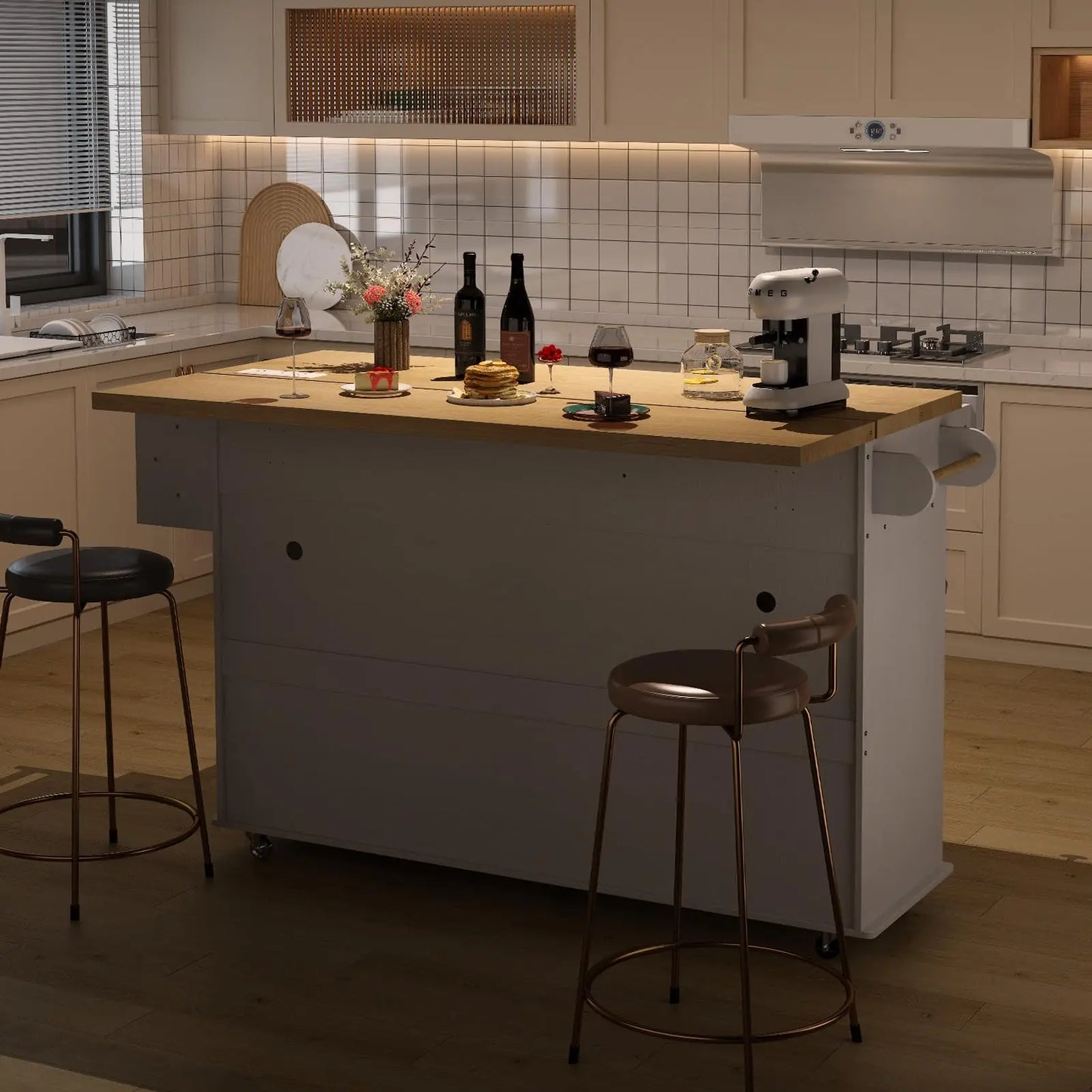 60" Mobile Kitchen Rolling Island, Towel Rack,