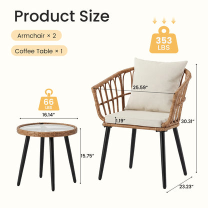 3 Pieces Wicker Patio Outdoor Set, Glass Steel Frame Table