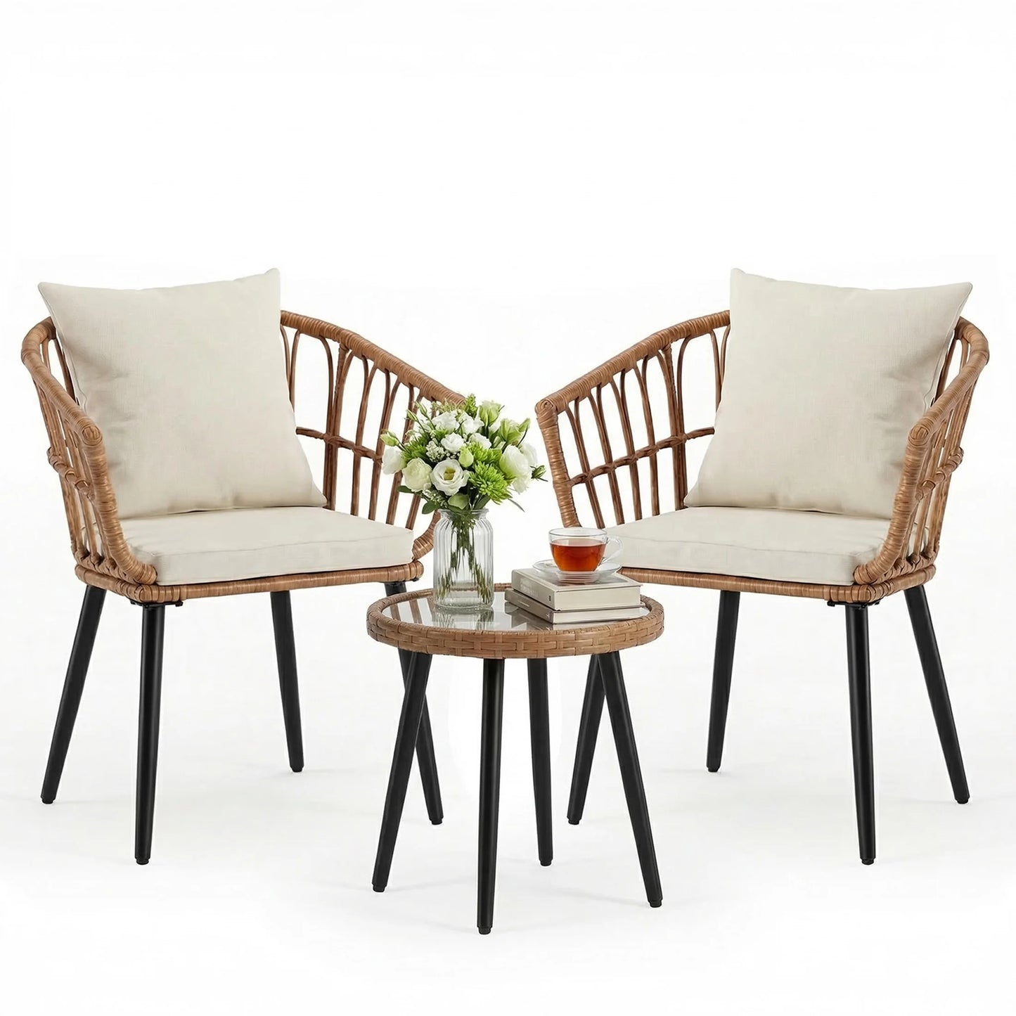 3 Pieces Wicker Patio Outdoor Set, Glass Steel Frame Table