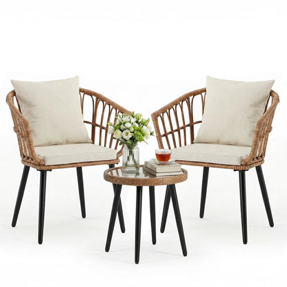 3 Pieces Wicker Patio Outdoor Set, Glass Steel Frame Table