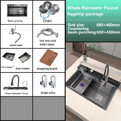 Stainless Steel Waterfall Kitchen Sink Digital Display Large Single Slot Dishwashing Sinks Overseas Warehouse Shipping