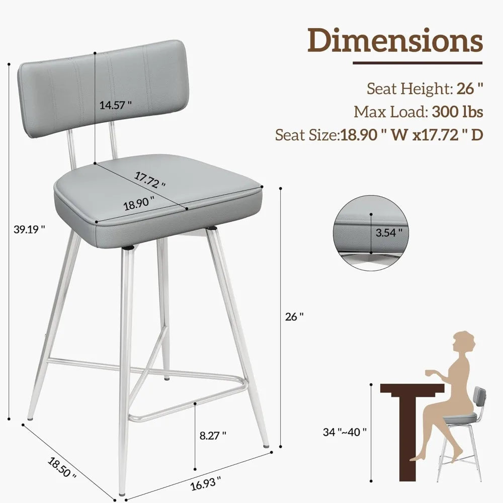 Bar Stools Set of 2, Kitchen Counter stools with Backs and Metal Legs, 26" Swivel Barstools for Counter Height,, Customized