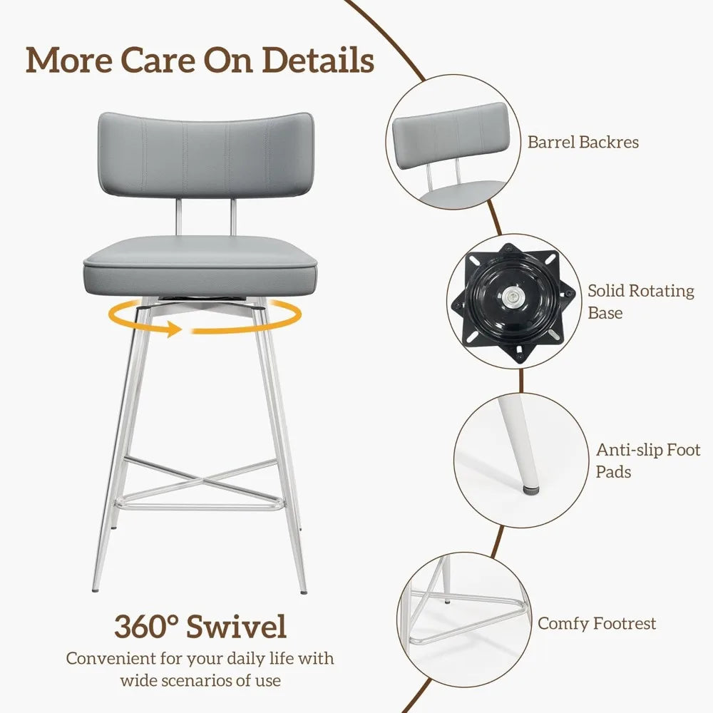 Bar Stools Set of 2, Kitchen Counter stools with Backs and Metal Legs, 26" Swivel Barstools for Counter Height,, Customized
