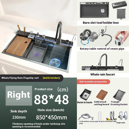 Stainless Steel Waterfall Kitchen Sink Digital Display Large Single Slot Dishwashing Sinks Overseas Warehouse Shipping