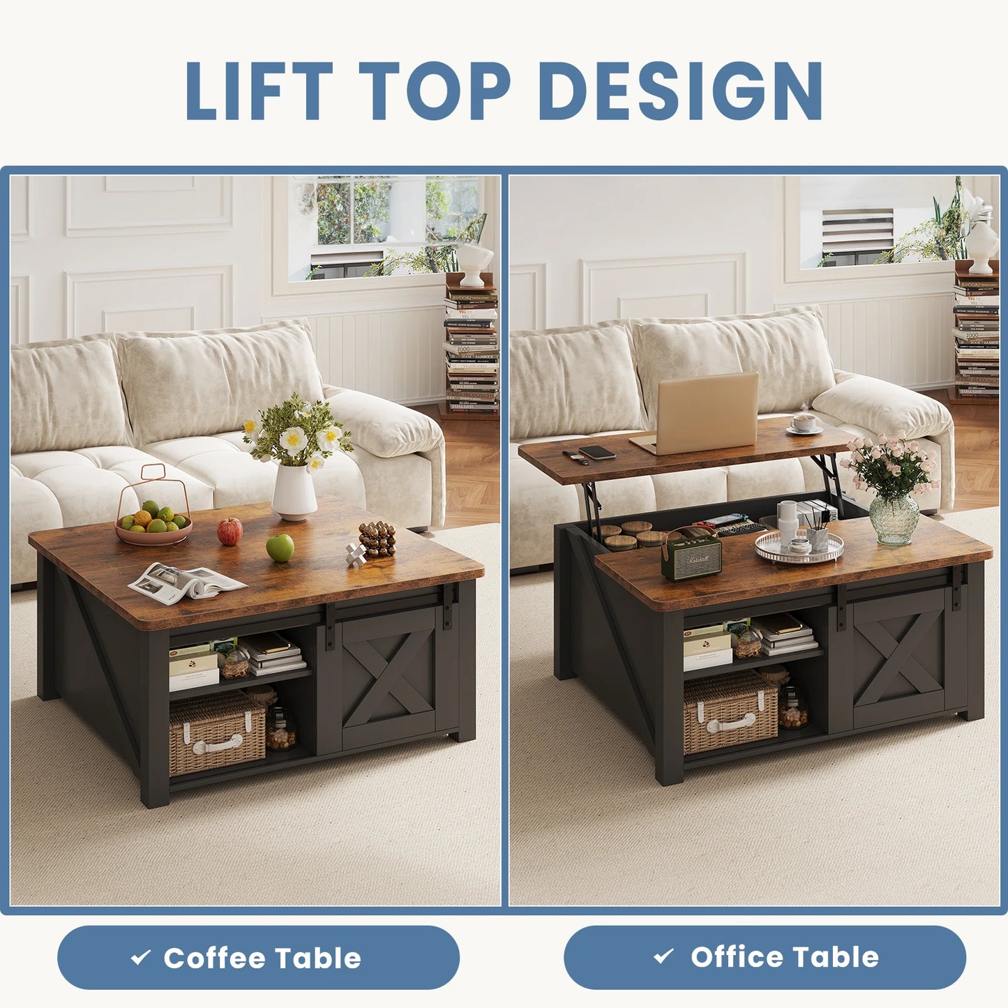 Wood Lift Top Coffee Table, Adustable Storage Shelf