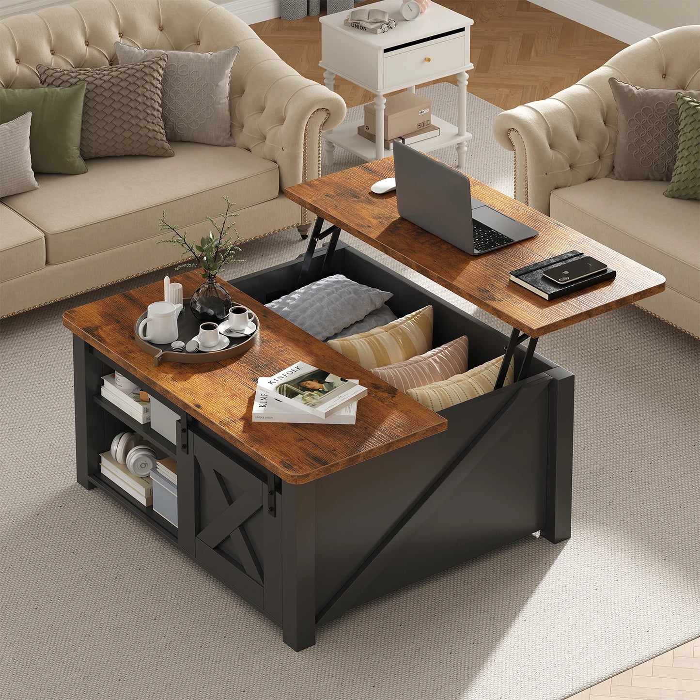 Wood Lift Top Coffee Table, Adustable Storage Shelf