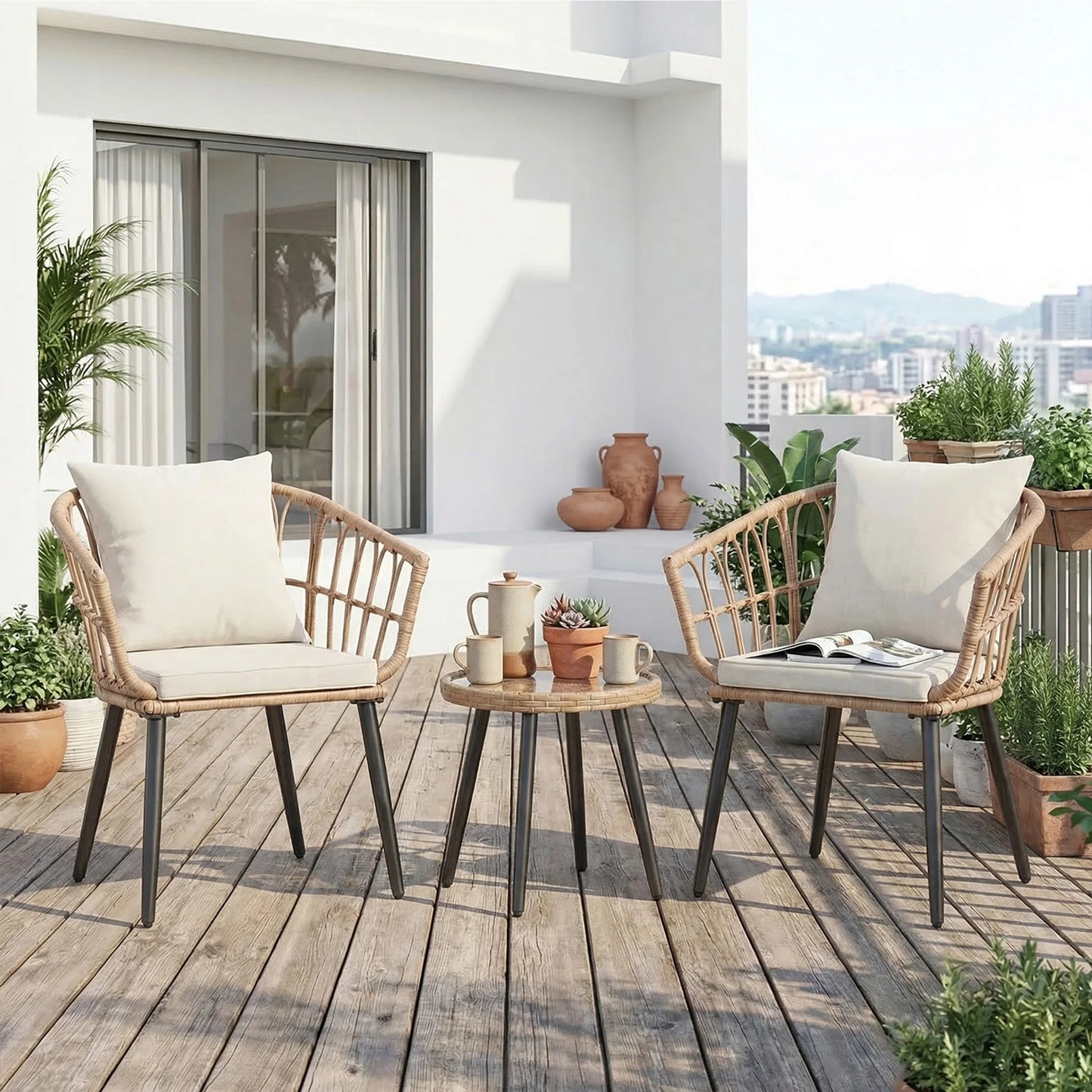 3 Pieces Wicker Patio Outdoor Set, Glass Steel Frame Table