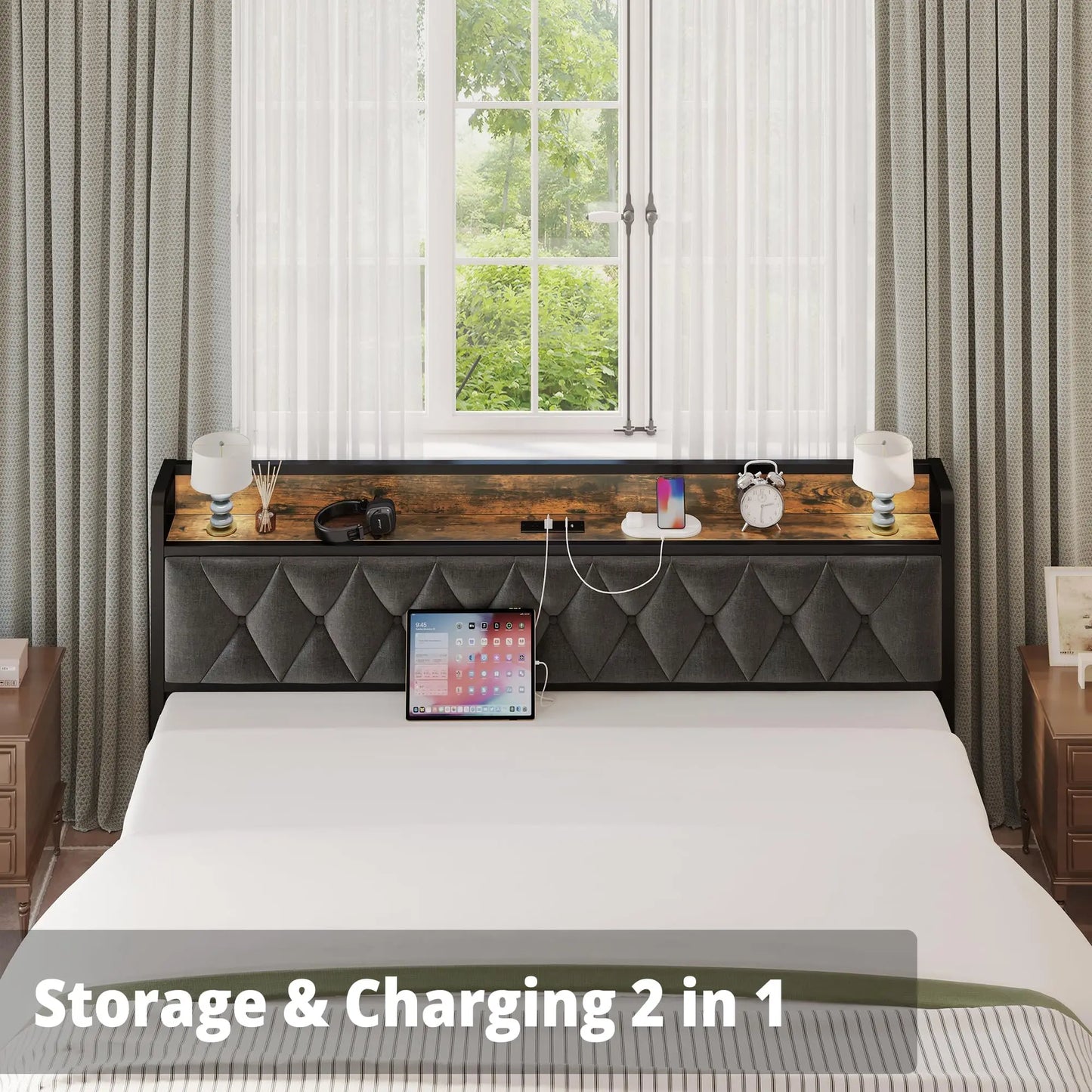 Bed Frames, Storage Headboard with Outlets,