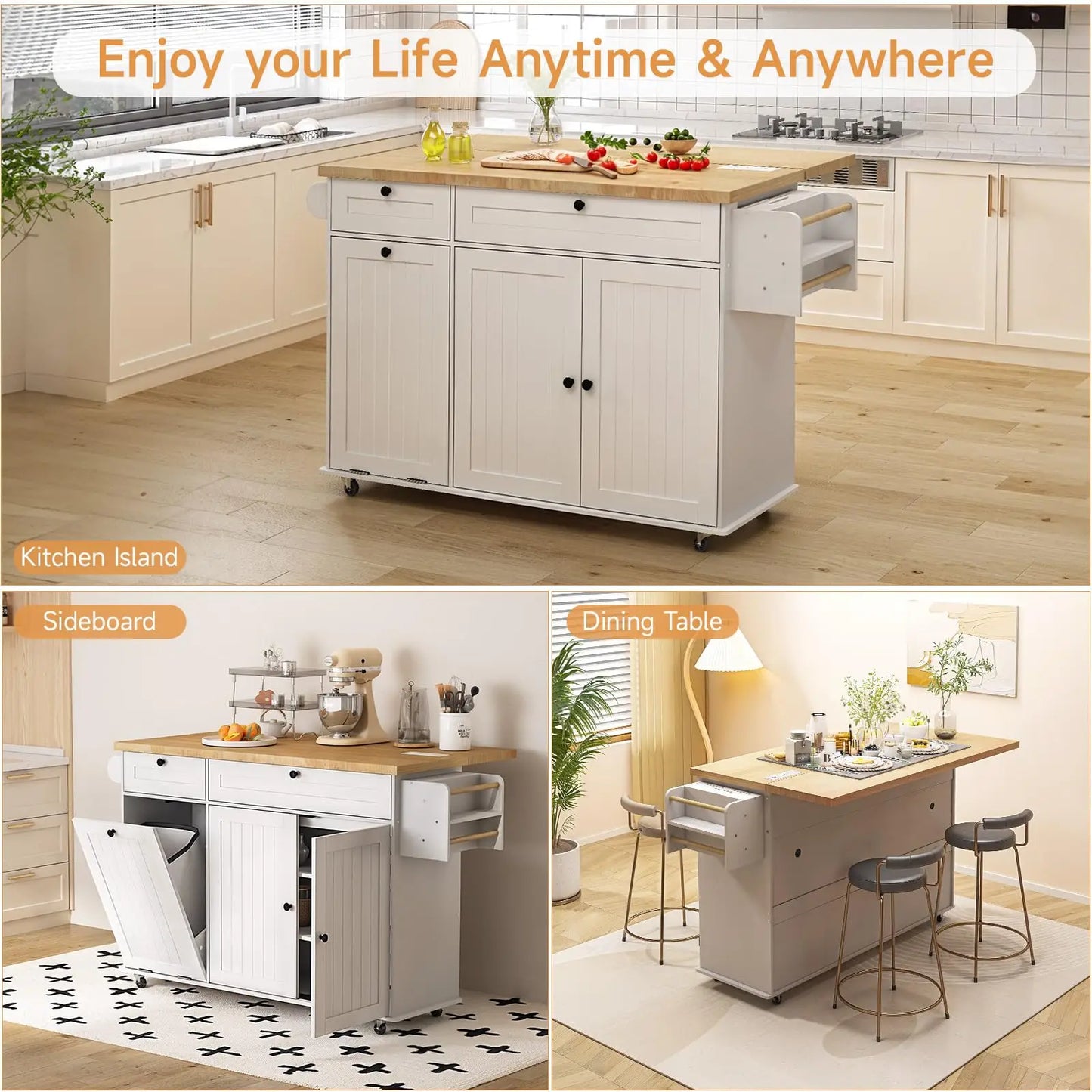 60" Mobile Kitchen Rolling Island, Towel Rack,