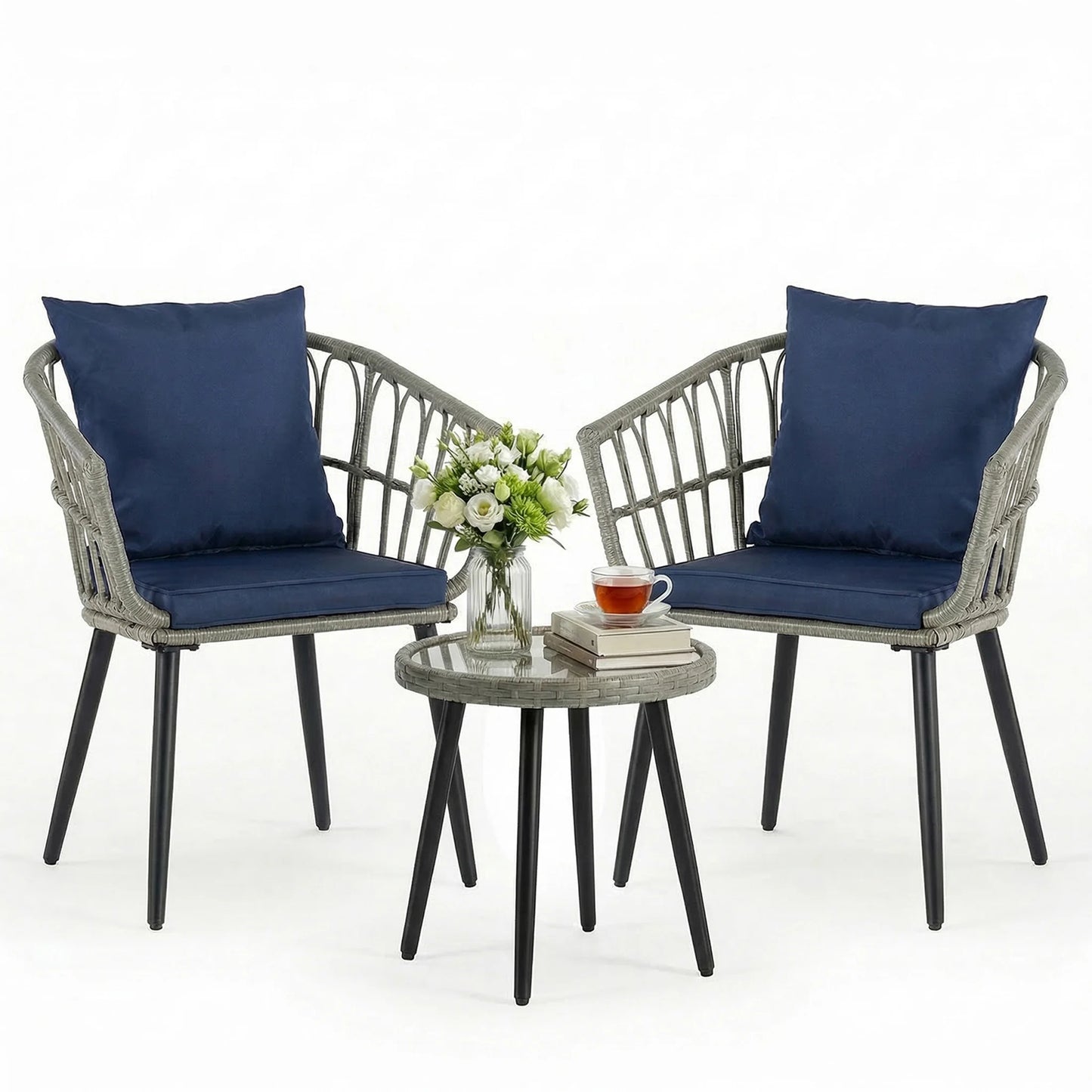 3 Pieces Wicker Patio Outdoor Set, Glass Steel Frame Table