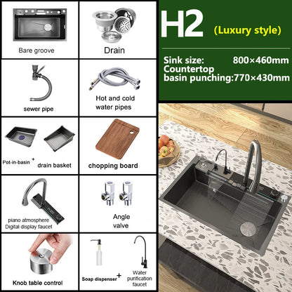 Stainless Steel Waterfall Kitchen Sink Digital Display Large Single Slot Dishwashing Sinks Overseas Warehouse Shipping