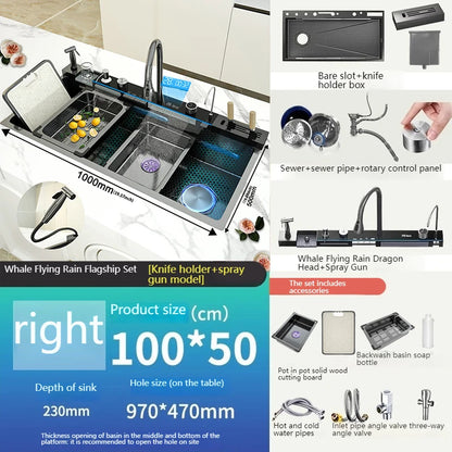 Stainless Steel Waterfall Kitchen Sink Digital Display Large Single Slot Dishwashing Sinks Overseas Warehouse Shipping