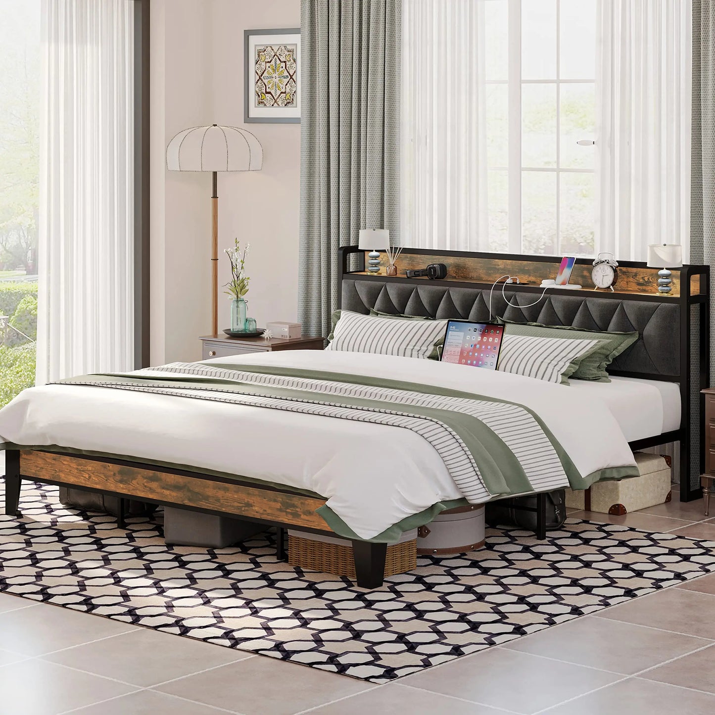 Bed Frames, Storage Headboard with Outlets,