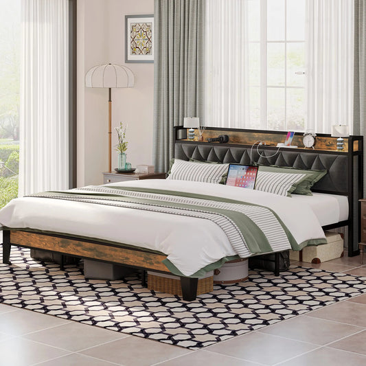 Bed Frames, Storage Headboard with Outlets,