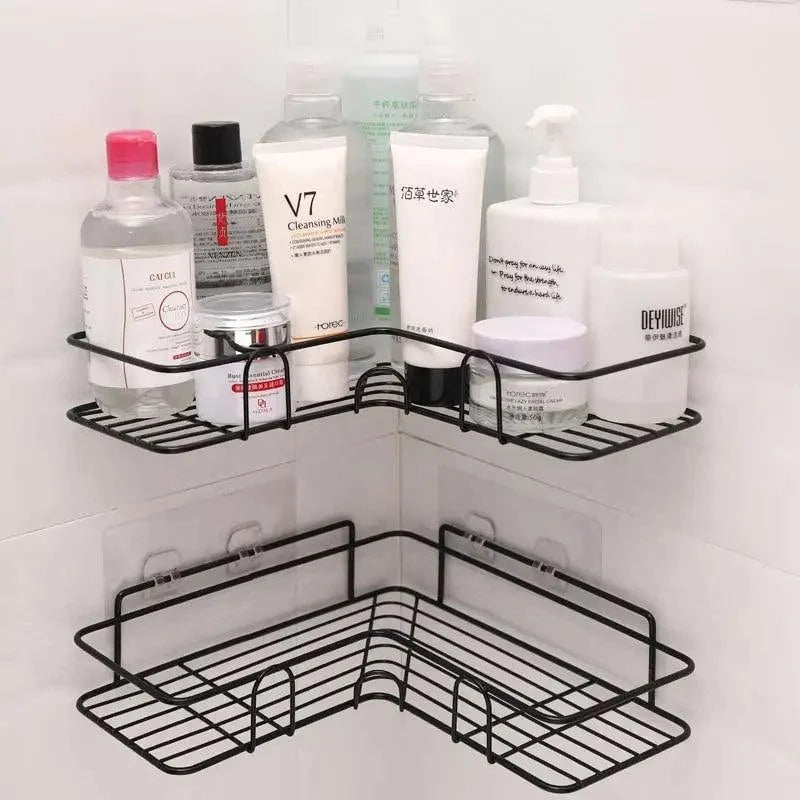 Premium Quality Bathroom Kitchen Punch Corner Frame Shower Shelf Wrought Iron Shampoo Storage Rack