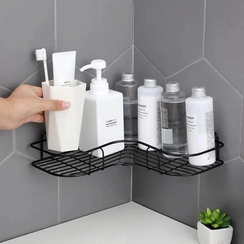 Premium Quality Bathroom Kitchen Punch Corner Frame Shower Shelf Wrought Iron Shampoo Storage Rack
